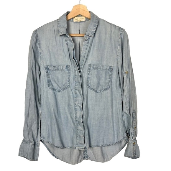 Anthropologie Light Blue Chambray Split Back Long Sleeve Button Down XS - Picture 2 of 4